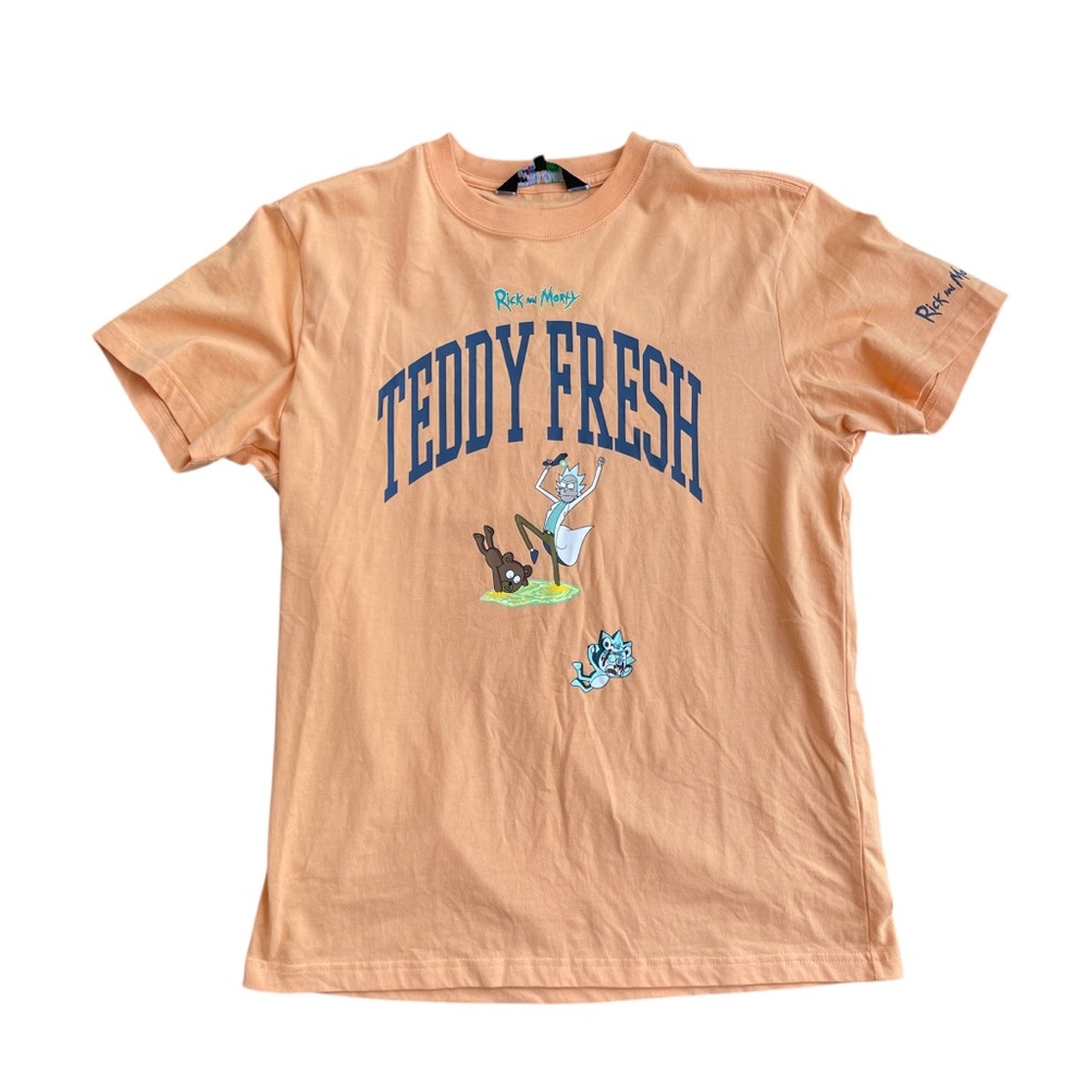 🌟 Teddy Fresh x Rick & Morty‎ Unisex Orange Graphic Tee SZ Small Crewneck